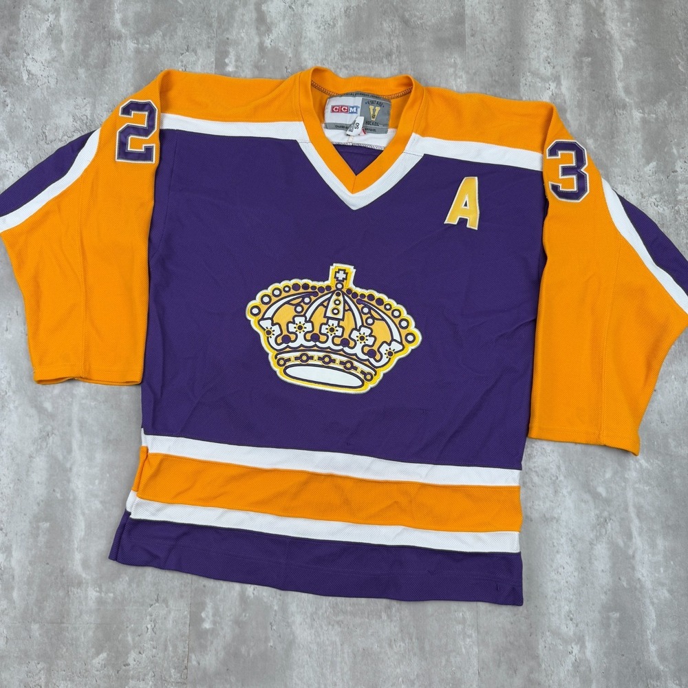 Vintage CCM Los Angeles Kings Jersey Mens 50 Purple Yellow NHL Hockey Woody 23